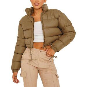 Women's Short Down Khaki Puffer Jacket Coat Winter Warm Zip Up Bubble Pocket